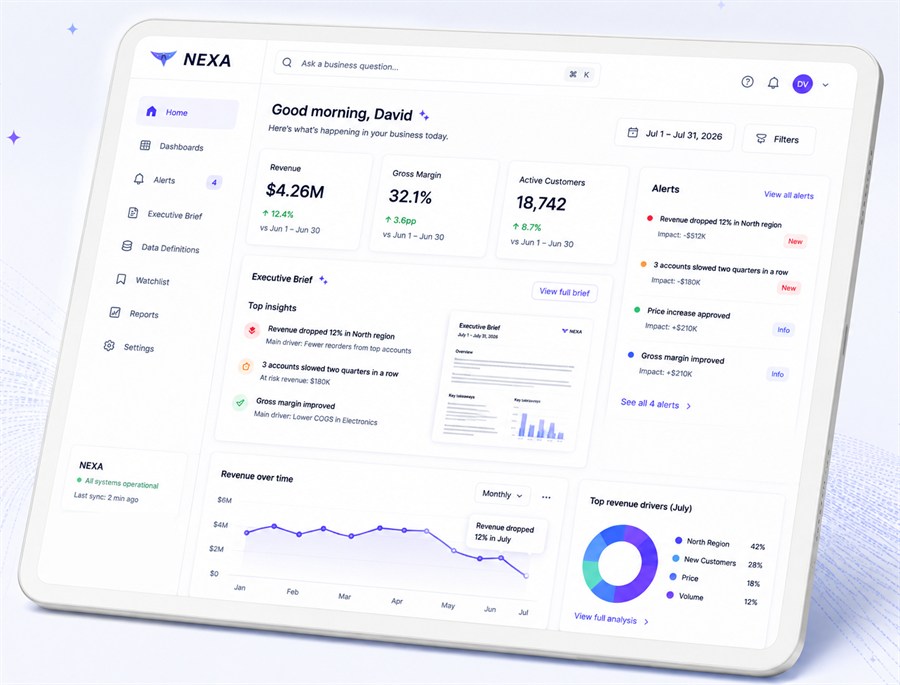 NEXA open on a tablet: revenue, gross margin and active customers for July, an executive brief naming fewer reorders from top accounts as the driver behind a 12% revenue drop, and alerts for three accounts that slowed two quarters in a row.